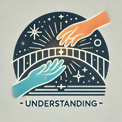 DALL·E 2024-11-20 09.11.35 - Two hands reaching across a glowing bridge labeled Understanding, connecting two distinct and harmonious worlds. The design uses a limited color pal