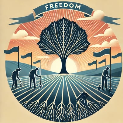 DALL·E 2024-11-20 09.14.22 - An elegant depiction of a sunrise over a vast landscape labeled Freedom, featuring individuals planting flags of unity. The design uses a limited co