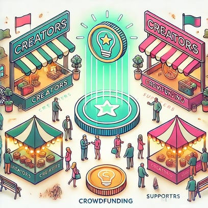 DALL·E 2024-11-20 09.23.09 - An elegant and minimalist illustration of a bustling marketplace where creators showcase their ideas on vibrant stands, and supporters hold glowing to